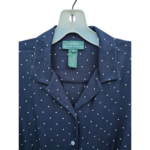 Lauren Ralph Lauren 100% Silk Set Skirt Blouse Top Outfit Navy Polka Dot Size 6 - Picture 4 of 16